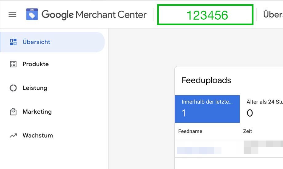 Google Merchant Center Einstellungen mit hervorgehobener Merchant ID in den Kontoinformationen