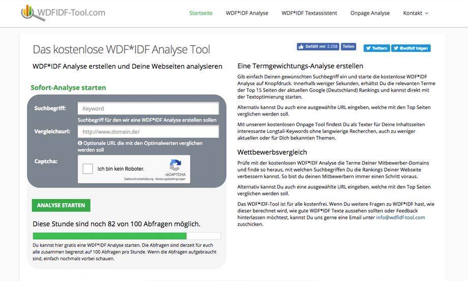 Screenshot WDF*IDF-Tool mit Termgewichtung der Top-10-Suchergebnisse