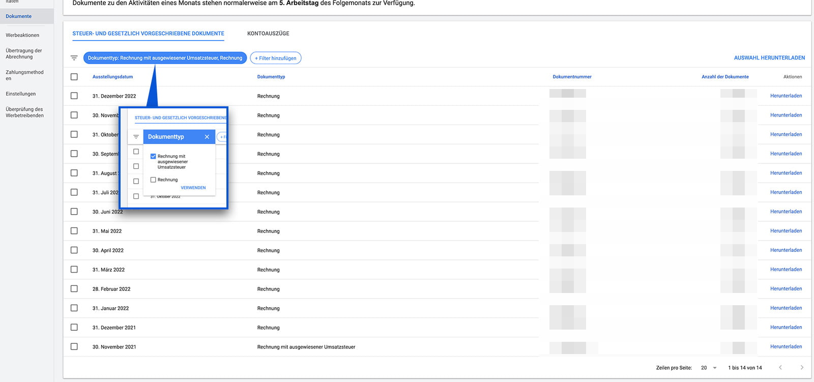 Dokumentenliste in Google Ads mit gesetztem Filter auf Rechnungen mit EU-Umsatzsteuer