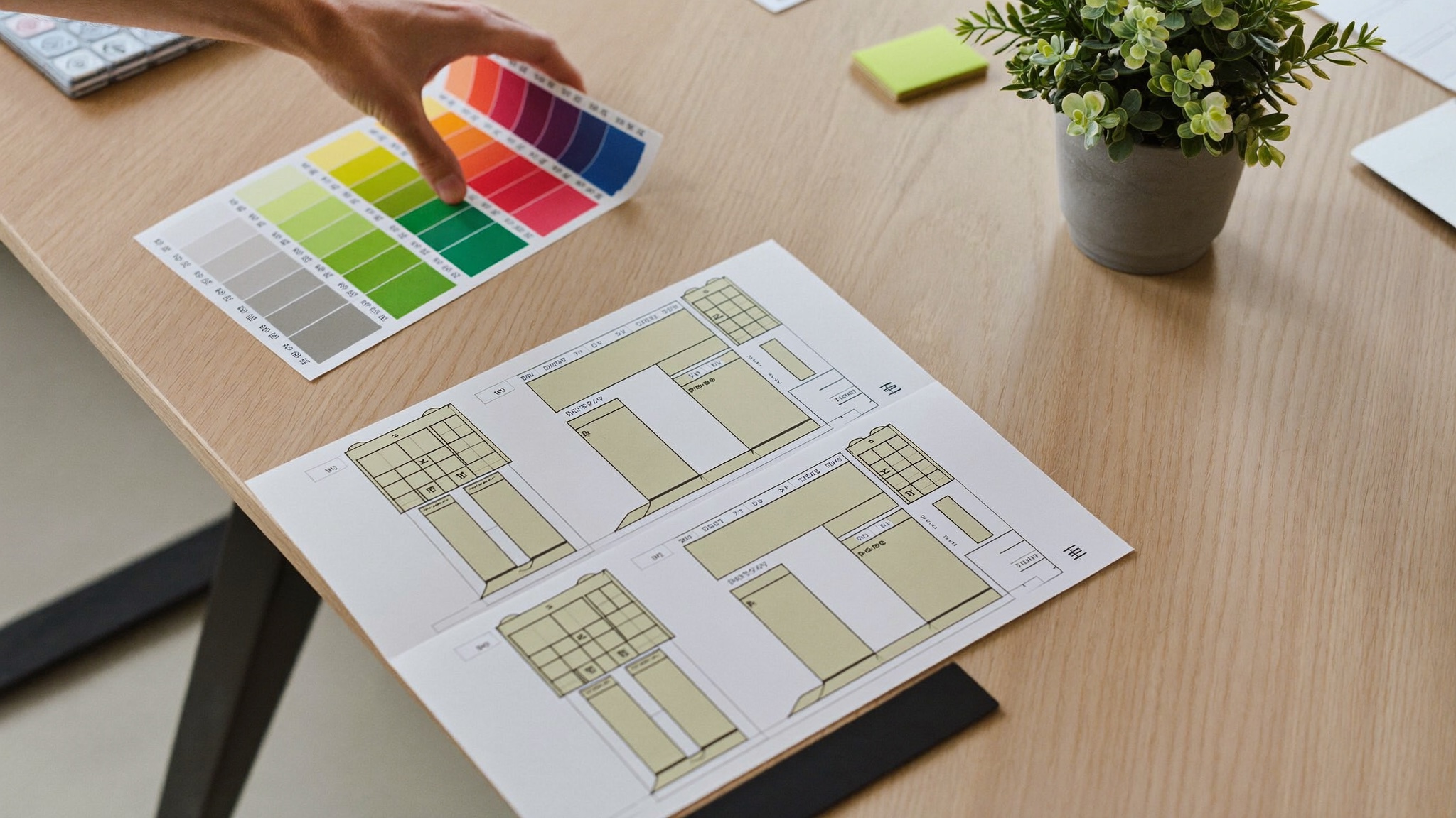 Shopify custom design planen: Wireframes und Farbmuster fürs Shop-Design am Arbeitsplatz
