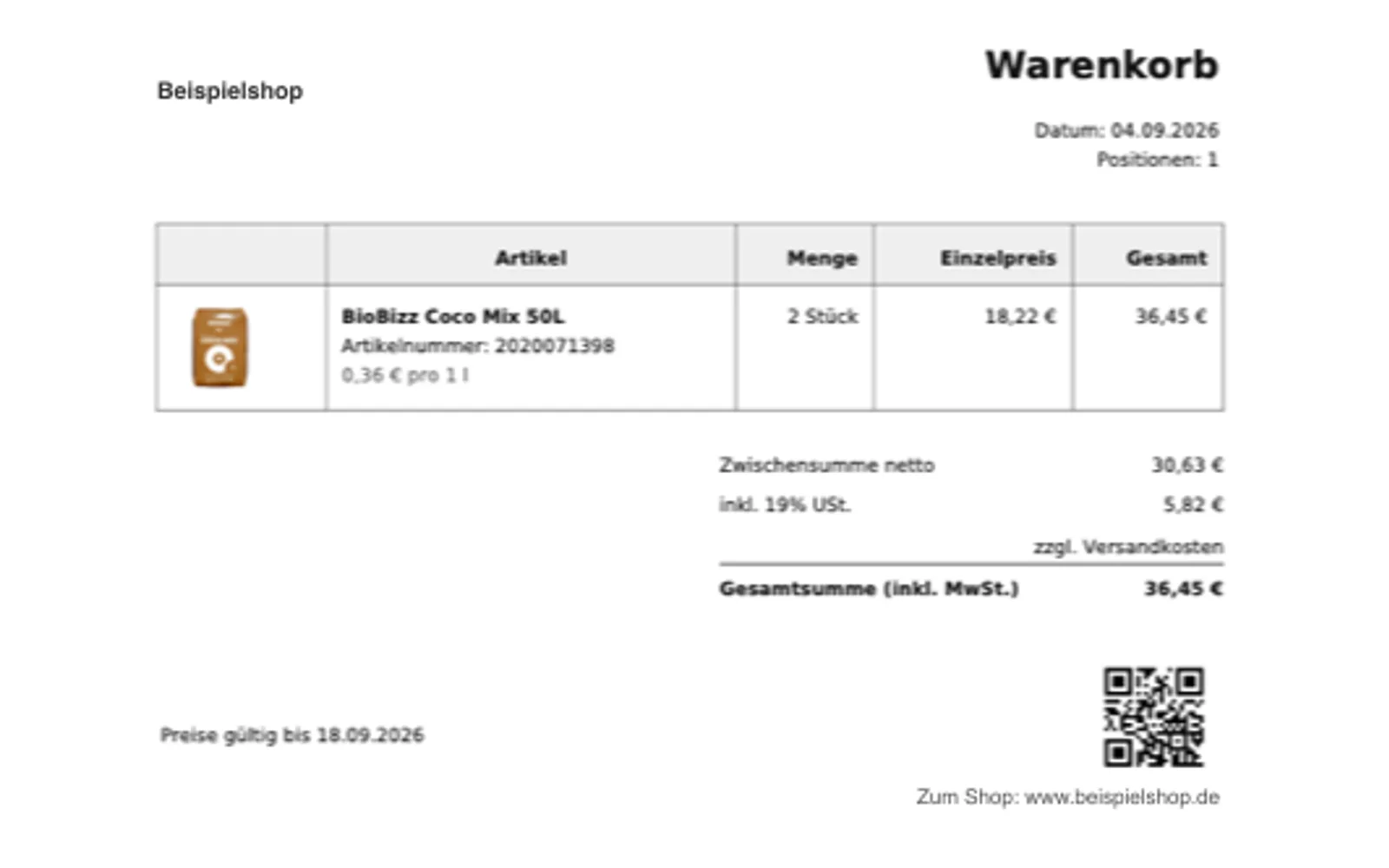 PDF-Ausgabe des Warenkorbs mit Kopfzeile, Positionstabelle, Summen und QR-Code