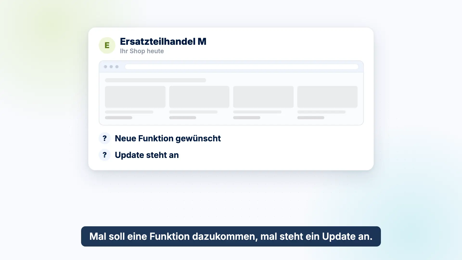 Vorschau des Erklärvideos: Am JTL-Shop eines Beispiel-Ersatzteilhandels soll eine Funktion dazukommen, ein Update steht an.